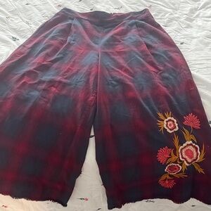 Free People Red and Blue Plaid wide leg cropped pants with Floral Embroidery